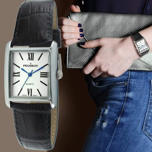 Vista 3 de Peugeot - Reloj de vestir de cuero con forma de tanque para mujer con números romanos, Reloj de vestir sin mangas para mujer