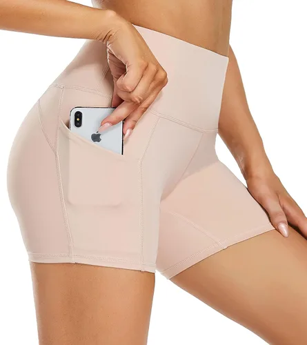 Vista 3 de Oalka Pantalones cortos de yoga para mujer, con bolsillos laterales, cintura alta, para entrenamiento, correr, deportes, 4 pulgadas