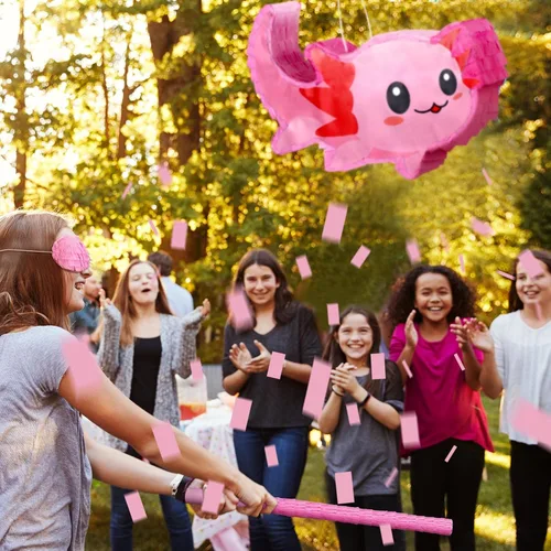 Vista 4 de Sratte Piñata de ajolote rosa con suministros para fiesta de cumpleaños, 14.96 x 9.45 x 2.95 pulgadas