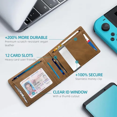 Vista 78 de Zitahli - Carteras delgadas con clip para dinero para hombre, tarjetero minimalista, de cuero, plegable, con bloqueo RFID, cartera de bolsillo