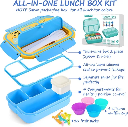 Vista 2 de Lonchera para niños, lonchera Bento para niñas y niños, para la escuela, contenedores de almuerzo para adultos y niños con 4 compartimentos