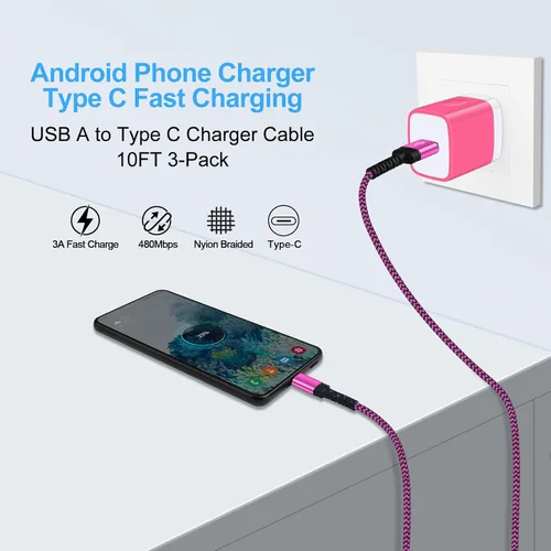 Vista 3 de Paquete de 3 cables Samsung de carga rápida USB tipo C de 10 pies para Samsung Galaxy S26 Ultra/A17 5G/A16/A56/S25FE/A15/A54/S24Plus/Z