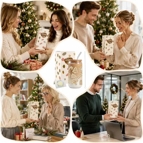 Vista 7 de JEKUGOT Vasos de Navidad para mujeres, vasos de vidrio de 16 onzas con tapa Estilo A