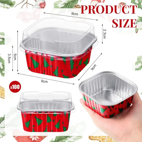 Vista 2 de 100 piezas de tazas de aluminio para Navidad, contenedor de cupcakes de papel de aluminio con tapas, 5 onzas, molde cuadrado de papel de aluminio