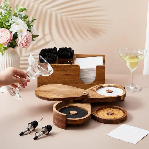 Vista 7 de Mifoci Herramienta de Barman Rimadora de Vasos de Madera de Acacia de 3 Niveles con 12 Vertedores Clásicos de Acero Inoxidable para Botellas