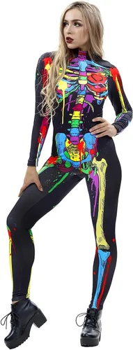 Vista 3 de Tizzomx Disfraz de Halloween para mujer, overol de esqueleto con estampado 3D de hueso de calavera para mujer, overol de esqueleto