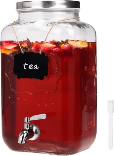Vista 12 de Moretoes Dispensador de bebidas de vidrio de 1 galón para fiestas, dispensador de bebidas para jugo y té helado, tarro hermético de vidrio para té