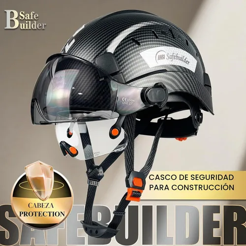 Vista 2 de SAFEBUILDER Casco de seguridad de construcción con visera incorporada Casco duro ABS con visera Ventilación ajustable Casco de trabajo Protección