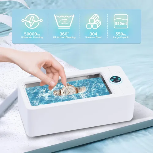 Vista 4 de Cudinham Limpiador de joyas de 50 KHz, limpiador ultrasónico de joyas de 18.6 fl oz/19 oz con temporizador digital, limpiador ultrasónico