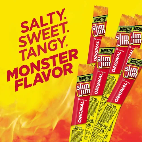 Vista 5 de Slim Jim Monster - Palitos de carne ahumada, sabor original, 0.39 oz de proteína por barra, 1.94 onzas
