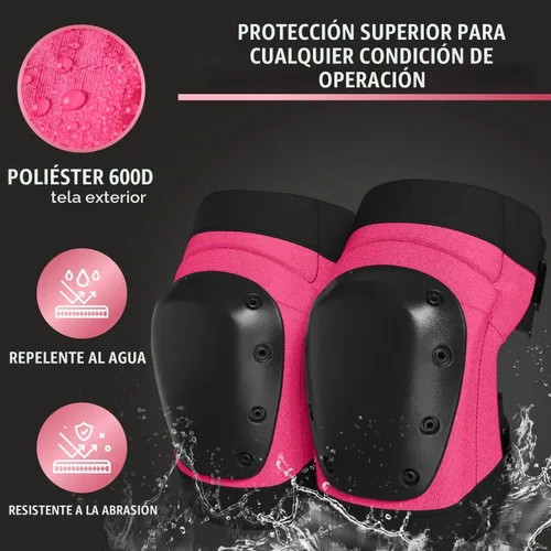 Vista 6 de PRO - Rodilleras estilo constructor para mujer con 3 niveles de protección, rosa, 1 par, tapa de plástico de soporte plano y cierres ajustables