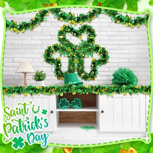 Vista 5 de Riceshoot Guirnalda de Oropel del Día de San Patricio de 131.23 pies, Guirnalda Metálica de Trébol Irlandés, Decoraciones para Árbol de San