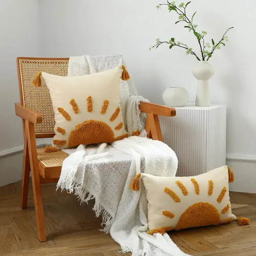 Vista 6 de Juego de 2 fundas de almohada bohemias de 18 x 18 pulgadas, fundas de almohada decorativas de sol con borlas, fundas de almohada modernas marroquíes