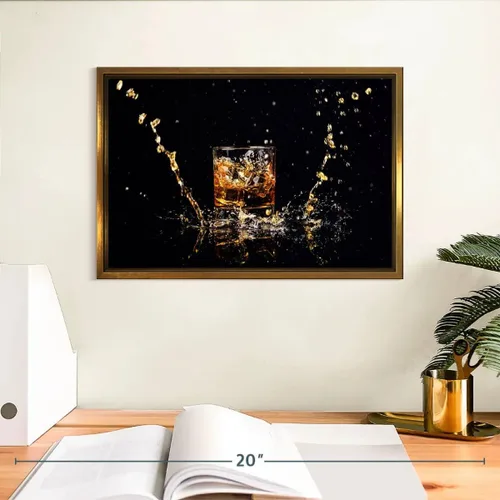 Vista 3 de ElephantStock - Arte de pared con salpicaduras de whisky - Lienzo enmarcado flotante horizontal - Decoración de pared de comedor - Arte de lienzo