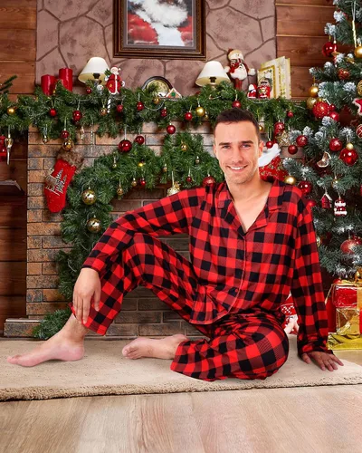 Vista 6 de Conjunto de pijamas de Navidad a juego para parejas, pijamas familiares a cuadros de búfalo de manga larga con botones a cuadros, ropa de descanso