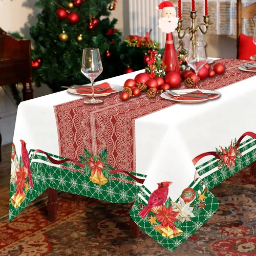 Vista 6 de PROCIDA Mantel rectangular de Navidad con diseño de flor de pascua roja, para invierno, Año Nuevo, impermeable, lavable, para fiestas, cocina