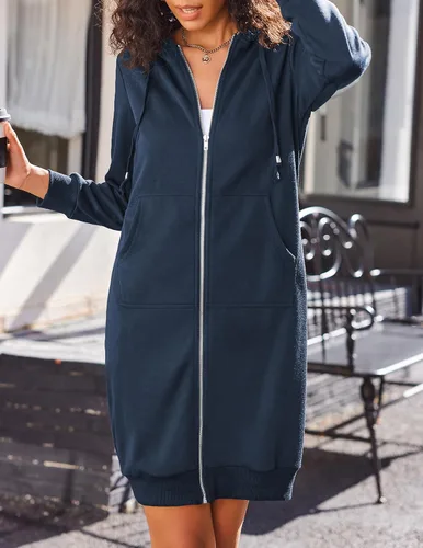 Vista 5 de Elesol Sudadera larga con capucha, para mujer, sudadera tipo túnica de vellón, chaqueta con cremallera, informal, S-XXXL