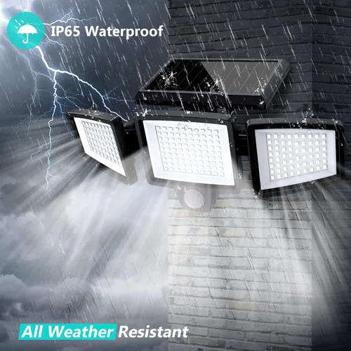 Vista 6 de Tuffenough Luces solares para exteriores de 2500 lm, 210 luces LED de seguridad con control remoto, 3 cabezales de luces con sensor de movimiento