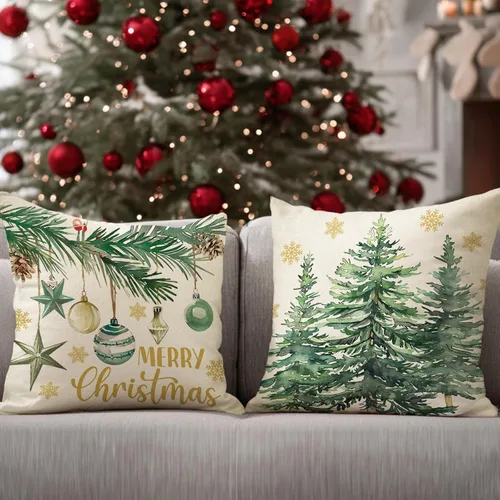Vista 6 de Juego de 4 fundas de almohada decorativas de árbol de pino de Navidad de 18 x 18 pulgadas, bolas de alegría de Navidad, copos de nieve dorados