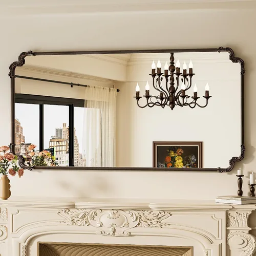 Vista 32 de Espejo rectangular negro barroco vintage para pared, 22 x 30 pulgadas, marco de desplazamiento antiguo, espejo de manto francés para chimenea, baño