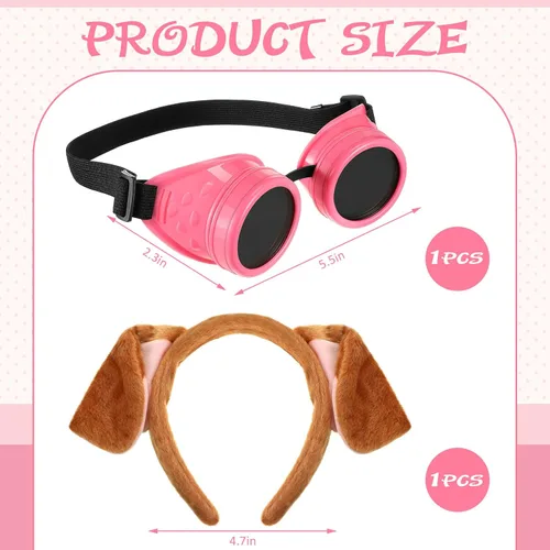 Vista 2 de 2 diademas de orejas de perro de Halloween y gafas steampunk rosadas, accesorios de cosplay con temática de cachorro, disfraz de bricolaje