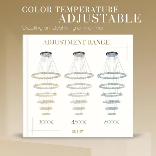 Vista 5 de Siljoy Moderna lámpara de araña de cristal, 6 anillos, lámpara de techo LED con 3 colores, lámpara de techo alto para sala de estar, comedor