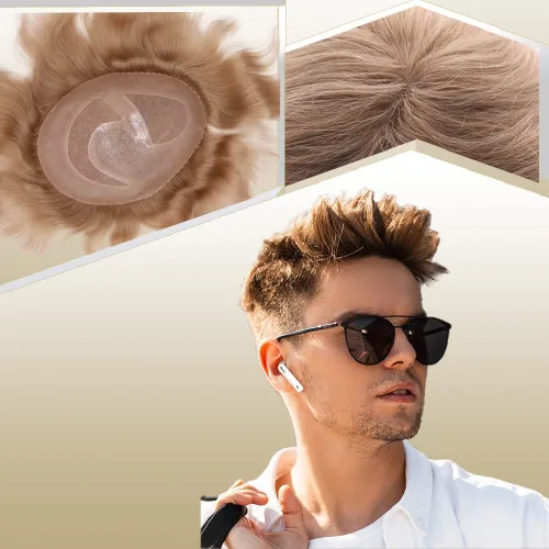 Vista 14 de Toupee para hombres sistemas de reemplazo de cabello humano real europeo para hombres, postizos finos, centro de encaje, piel más gruesa, pieza