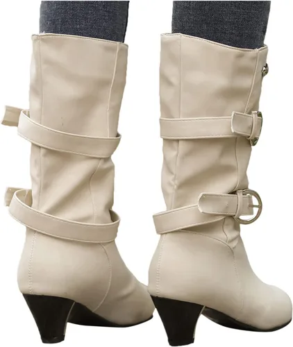 Vista 4 de SuanlaTDS Tall Wide Calf Boots for Women Heel Mid Round Boots Heel Cowboy Toe Vintage Velvet Shoes Buckle Women's Plus Women's Boots (Beige, 8)