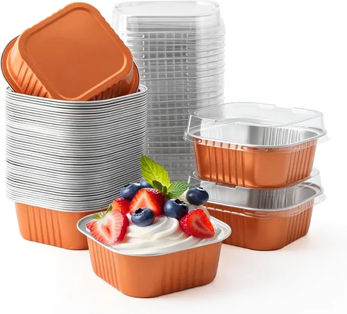Vista 11 de 50 piezas de mini tazas cuadradas para hornear con tapas, mini moldes de papel de aluminio de 5 onzas con tapas, moldes desechables para tartas