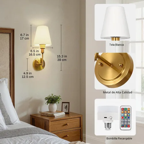 Vista 7 de Aplique de pared a pilas: juego de 2 lámparas de pared inalámbricas Oro