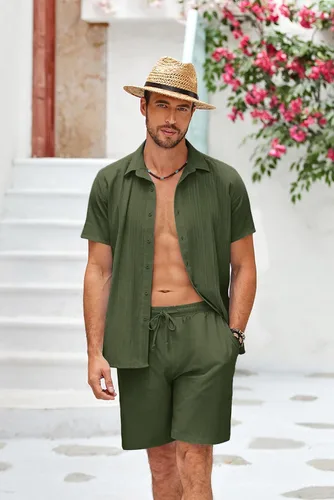 Vista 2 de COOFANDY Conjunto de ropa de playa de algodón Guayabera para hombre, conjunto corto de lino de 2 piezas