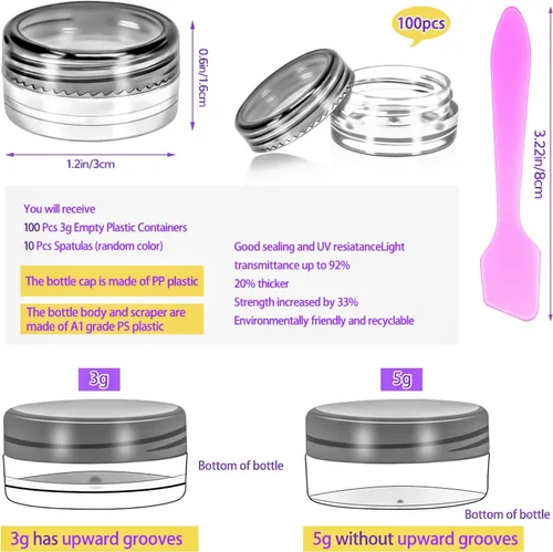 Vista 2 de 100 paquetes de botes de plástico de 3 g con tapas, botes de cosméticos redondos transparentes de 3 ml, botes de maquillaje de 3 gramos