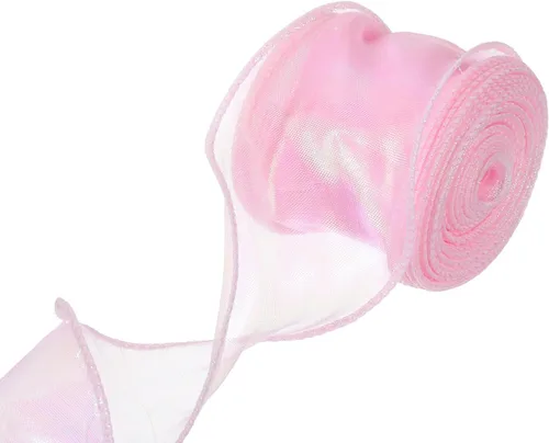 Vista 56 de MECCANIXITY - Cinta de organza con cable de 1 1/2" de ancho, brillante, transparente, con brillo irisado en tonos pastel, cinta de gasa para Beige