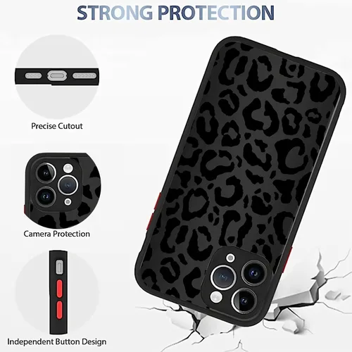 Vista 3 de Funda compatible con iPhone 14, piel de animal de leopardo negro, delgada, suave, TPU negro + funda protectora de espejo templado para Apple 14