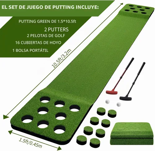 Vista 6 de Wekin Alfombra de práctica de golf para interiores con 2 putters, 2 bolas, 12 cubiertas de hoyo, tapete de entrenamiento de golf para juego