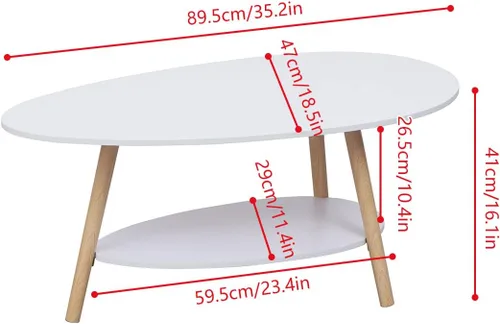 Vista 2 de Mesa de centro ovalada de madera de estilo moderno, doble capa con almacenamiento abierto para almacenamiento y exhibición, 2 niveles