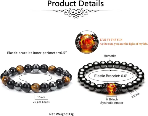 Vista 5 de Jovivi Pulsera de piedra de ojo de tigre de obsidiana negra de hematita para hombres y mujeres, de 0.394in, cuentas de piedras preciosas redondas