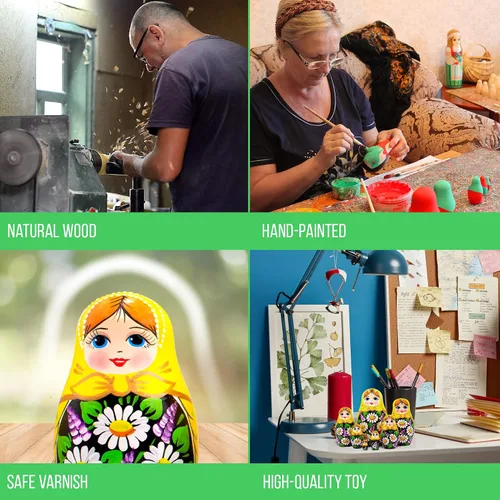 Vista 4 de AEVVV Juego de 7 muñecas rusas de Matryoshka - Muñecas rusas en vestido de Sarafan con manzanilla pintada a mano y flores lilas - Русские Матрески