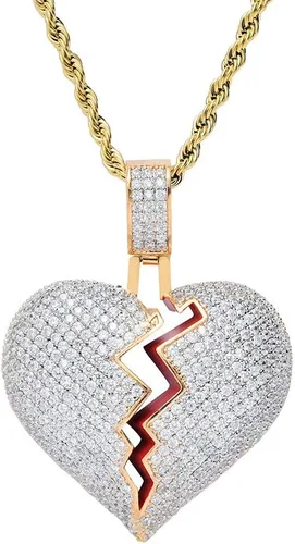 Vista 3 de putouzip Men Broken Heart Chains 18k Gold Plated Fully Iced Out Pendant Link Chain Necklace