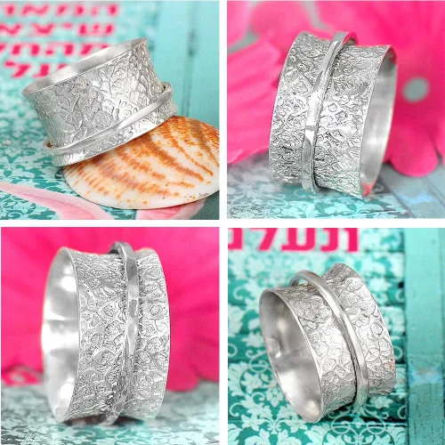 Vista 5 de Boho-Magic Anillo giratorio de plata de ley 925 para mujer, anillo martillado para inquietos, banda ancha
