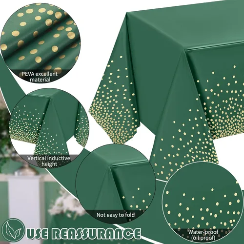 Vista 6 de Set de mantel y camino de mesa de lentejuelas Tudomro, 54 x 108 pulgadas con lunares y confeti, mantel de plástico brillante para fiestas de Verde