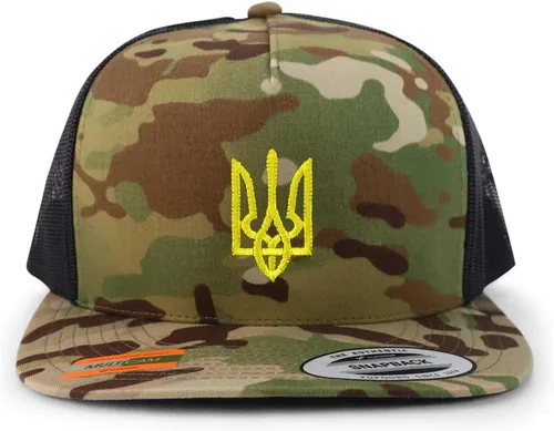 Vista 9 de Trendy Apparel Shop Gorra de camionero bordada con símbolo nacional ucraniano de 5 paneles Negro