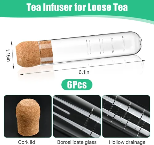 Vista 2 de Infusor de té de vidrio, difusor de vidrio reutilizable con corcho, colador de té transparente para tazas, tazas y teteras