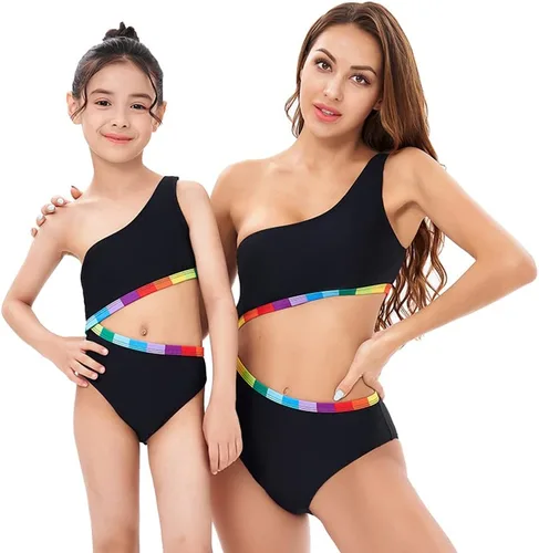 Vista 3 de Mommy and Me - Trajes de baño de una pieza con volantes y hojas impresas para mujeres y niñas, traje de baño monokini a juego para la familia