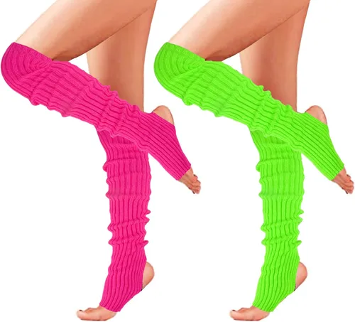 Vista 11 de Calentadores de piernas largos de punto para mujer, sobre la rodilla, de neón, acanalados, para fiestas de los años 80, deportes de baile