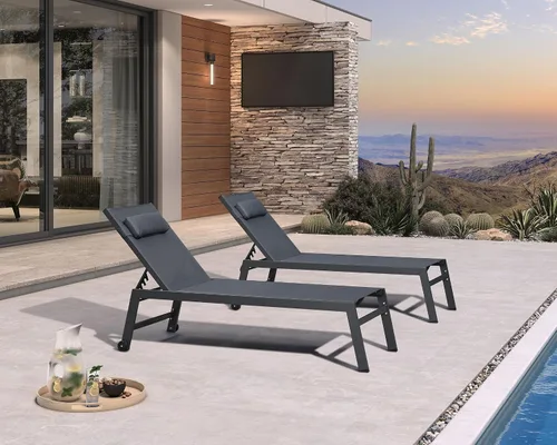 Vista 27 de PURPLE LEAF Juego de sillas de lounge al aire libre de gran tamaño de 3 piezas para patio, tumbona para piscina, estructura de aluminio con mesa