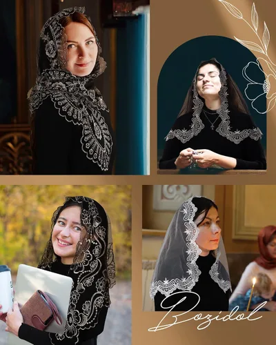 Vista 6 de Bozidol Mantilla triangular con velo de iglesia Cruz de cáliz bordado, velo de misa católica vintage para mujer