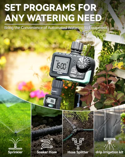 Vista 9 de RAINPOINT Temporizador de agua para manguera de jardín, temporizador de rociador de 2 zonas con retardo de lluvia, riego manual, riego automático