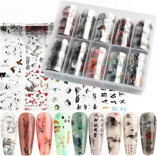 Vista 8 de 10 rollos de calcomanías de transferencia de flores, hojas de lámina de uñas con patrón de pintura de tinta de bambú para decoraciones y suministros