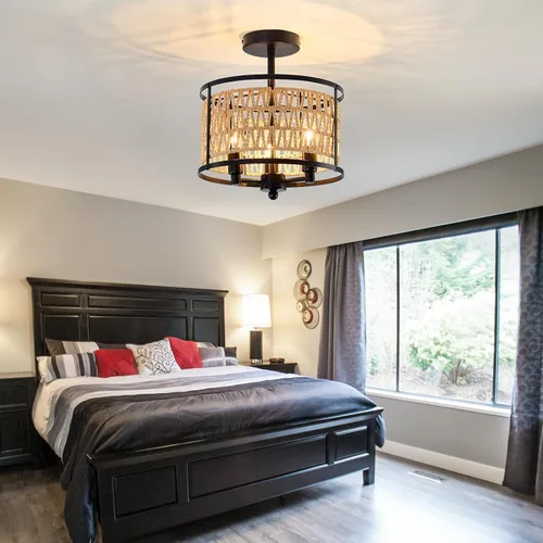 Vista 7 de Lámpara de techo de ratán de 3 luces, de 11 pulgadas, estilo bohemio, semiempotrada, lámpara de techo negra tejida a mano para casa de campo